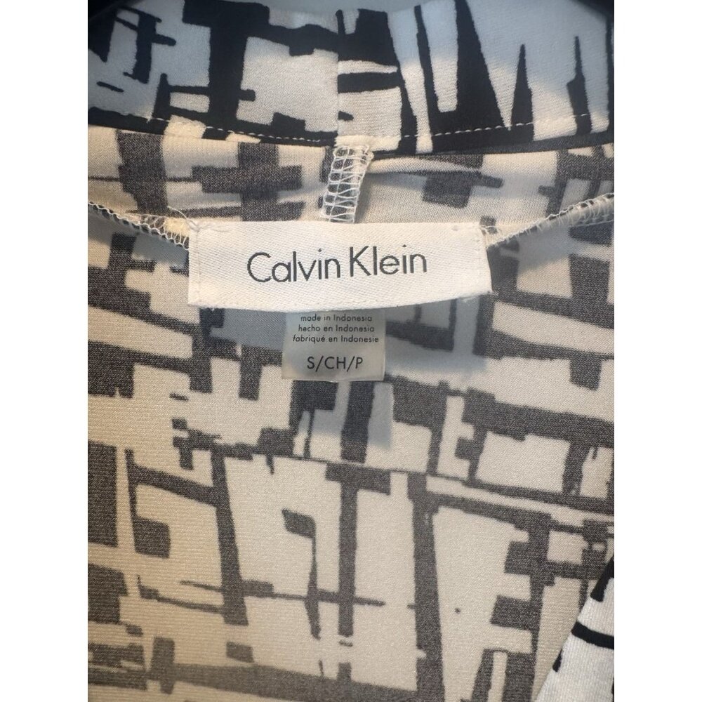 Calvin Klein Womens Black White Abstract Sleeveless Pleated V Neck Top S Classic - Picture 2 of 7